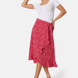 BUBBLEROOM Flounce Midi Wrap Skirt Red/Patterned L