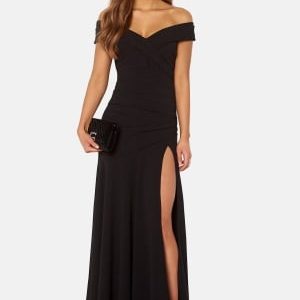 Goddiva Bardot Pleat Maxi Split Dress Black XXS (UK6)