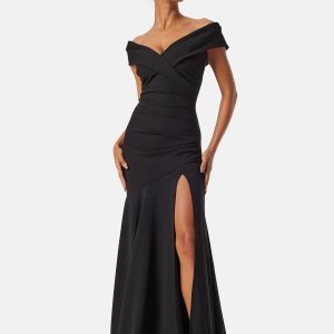 Goddiva Bardot Pleat Maxi Split Dress Black XXS (UK6)