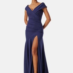 Goddiva Bardot Pleat Maxi Split Dress Dark blue L (UK14)