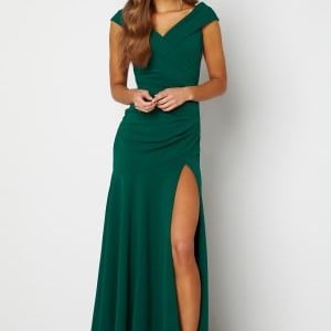 Goddiva Bardot Pleat Maxi Split Dress Green XL (UK16)