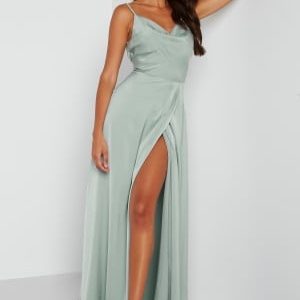 Bubbleroom Occasion Waterfall Slit Satin Gown Dusty green 40